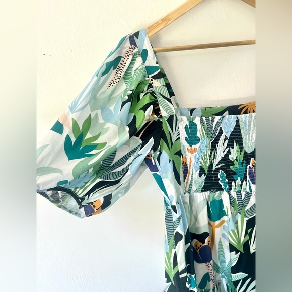 Oliphant Bubble Hem Tropical Leaf Print Puff Sleeve Cotton Mini Dress Medium - Picture 9 of 11